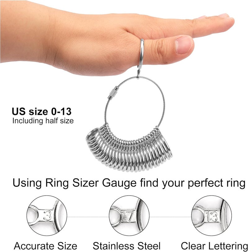 TUNQISM 4 Pcs Ring Sizer Measuring Tool Kit, Ring Mandrel Measurer, 27 PCS Premium Steel Measuring Ring Tool, US Ring Size 0-13, 2 PCS Reusable Finger Size 1-17 USA Rings Size with Magnified Glass - Image 3